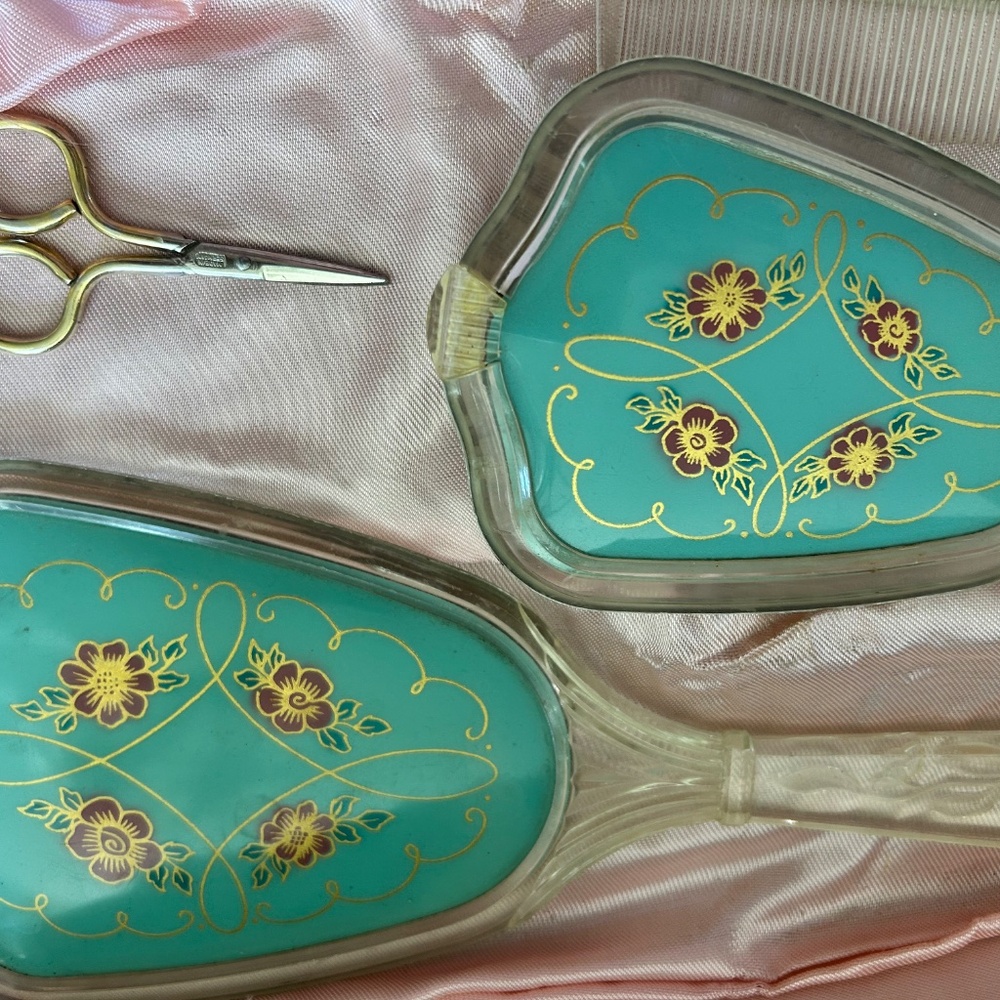 Vintage Green and Pink Vanity Mirror & Brush Set In Blue Fabric Covered Case - Picture 6 of 7